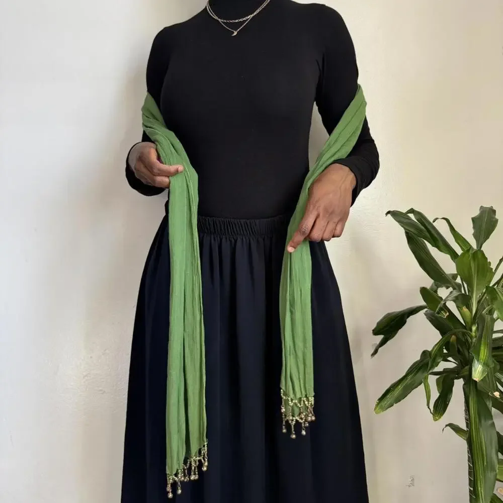 Vintage 90s/Y2K Honey green Crinkle Scarf w/ Brass Bells